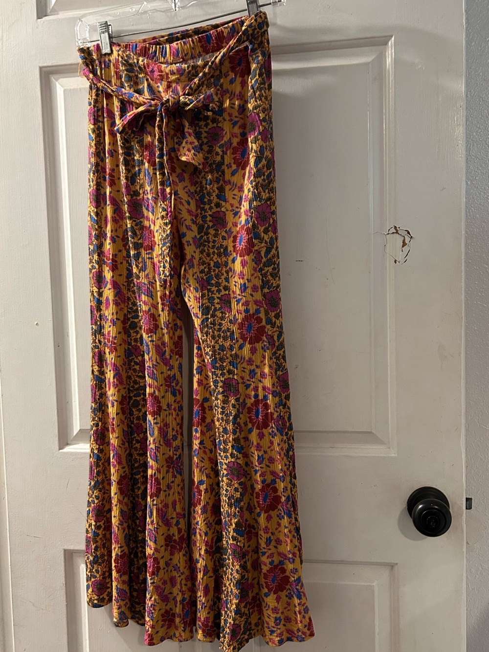 Free People Floral Wide-Leg Tie-Waist Pants - Mustard with Pink & Blue